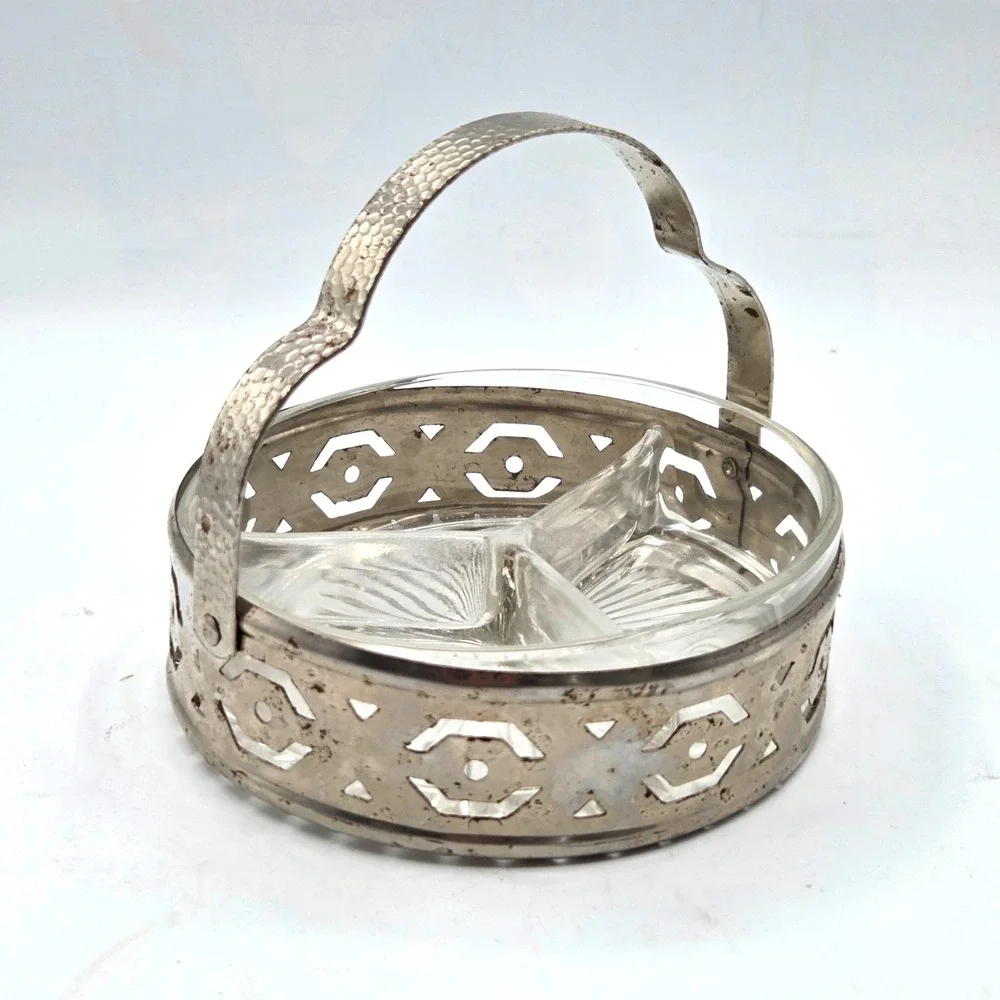 Silver Plated‎ with Clear Glass Divided Serving Dish Hammered Handle Vintage